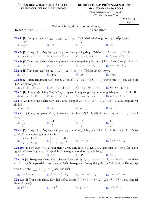 Kiểm tra 45 phút Hình học 10 chương 3 năm 2018 – 2019 trường Đoàn Thượng – Hải Dương (bản Word)